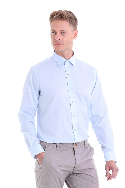 Classic Fit Long Sleeve Cotton Light Blue Dress Shirt Masculine Men's 