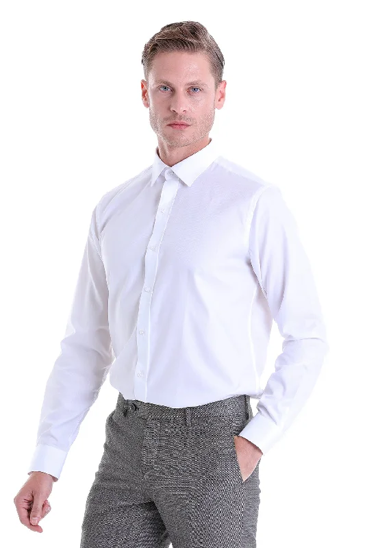 Classic Fit Long Sleeve Cotton White Dress Shirt Monochromatic Office Style