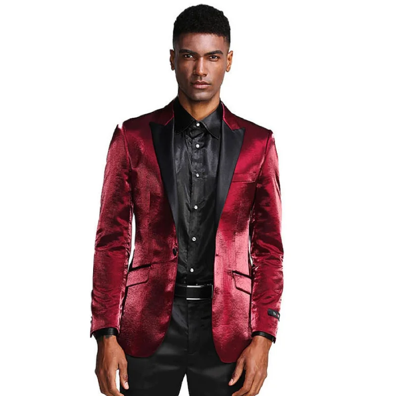 Selene Style Collection: Burgundy Solid Shine Single Breasted Slim Fit Blazer Vintage Men's 1970S Disco