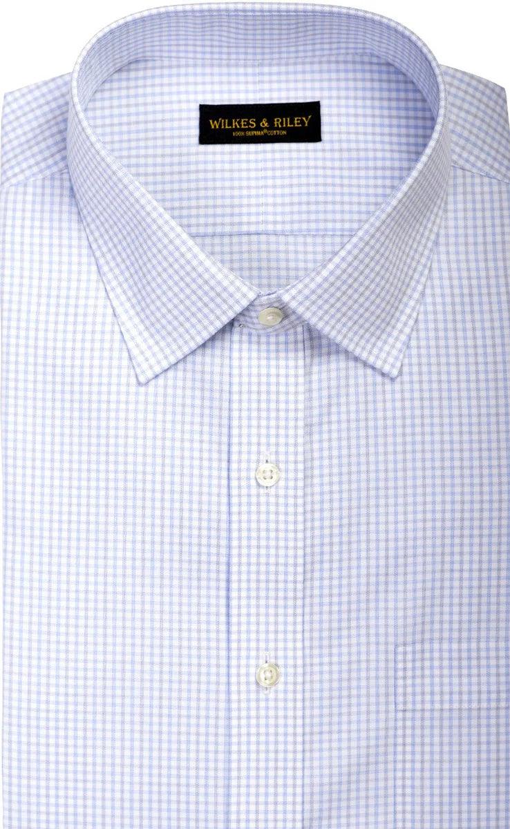 Wilkes and Riley Twill Check Spread Collar Supima Cotton Non Iron Dress Shirt Sky/Grey Relaxed Men's Australian 