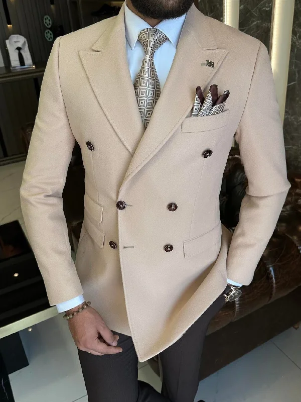 Beige Double Breasted Blazer Elegant Men's Cashmere