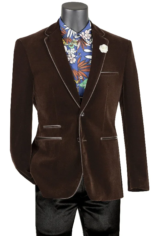 Velourfy Collection: Brown Velvet with Faux Leather Trim Single Breasted Slim Fit Blazer Refined Men's European