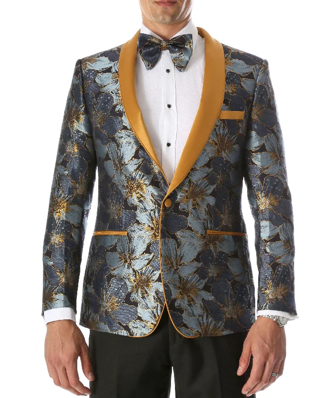 Men's Blue Hugo Floral Modern Fit Shawl Collar Tuxedo Blazer Cool Men's Skate