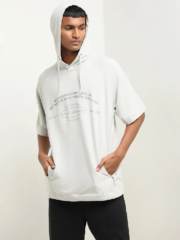 Studiofit Light Grey Text Design Relaxed-Fit Cotton Hooded T-Shirt Beach