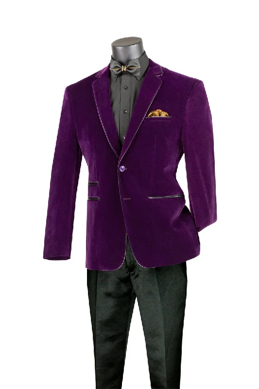 Velourfy Collection: Purple Velvet with Faux Leather Trim Single Breasted Slim Fit Blazer Dynamic Men's Moto