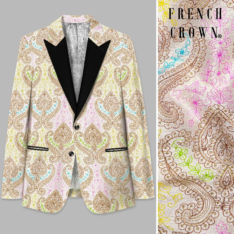 Neon Fuchsia Pink And Starship Yellow MultiColour Embroidered Peak Collar Tuxedo Blazer Elegant Men's Cashmere