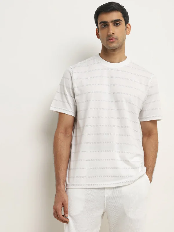 WES Lounge White Stripe Printed Relaxed-Fit T-Shirt Unique Men's Patch