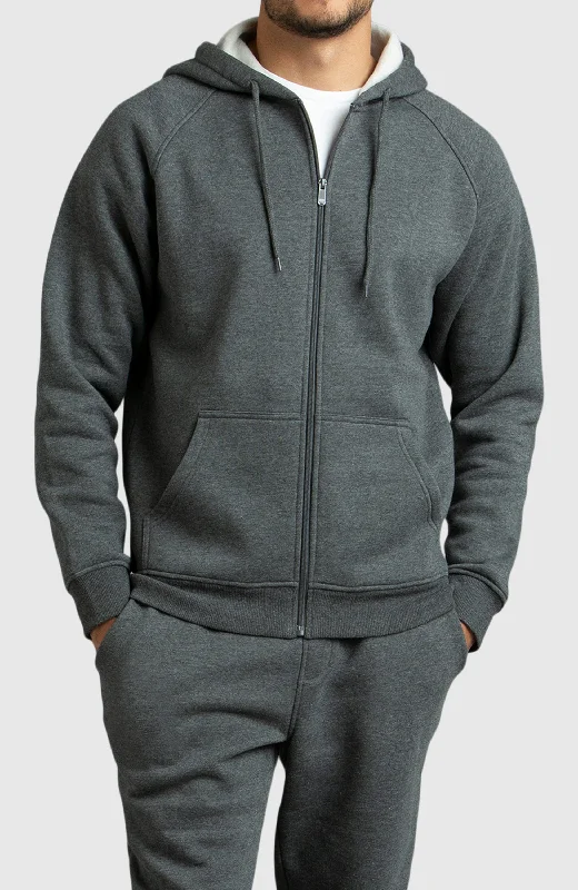 Heather Grey Front Zip Fleece Hoodie Polished Men's Satin