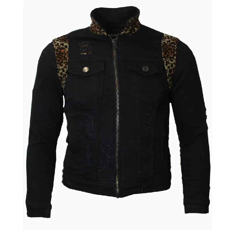 M1082 Denim Jacket with Leopard Print - Black Confident Men's High