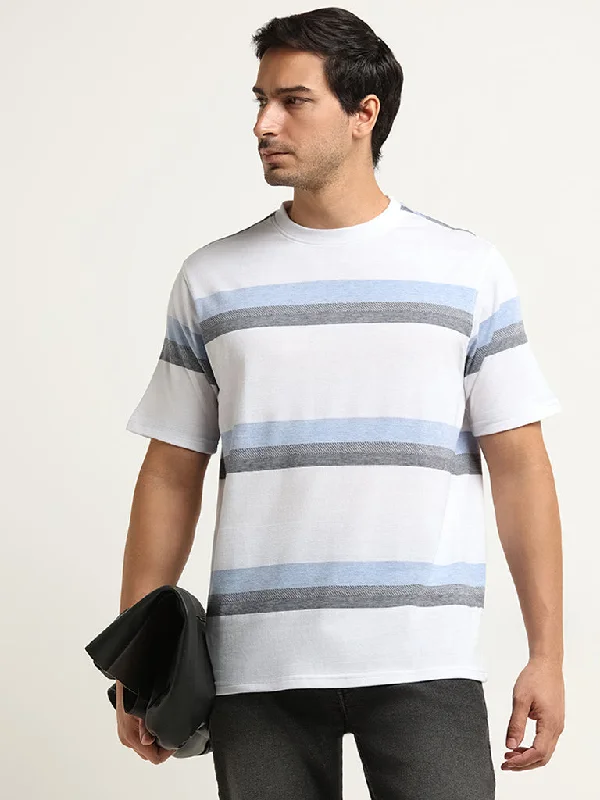 WES Lounge Blue Striped Cotton Blend Relaxed Fit T-Shirt British Gentleman Style