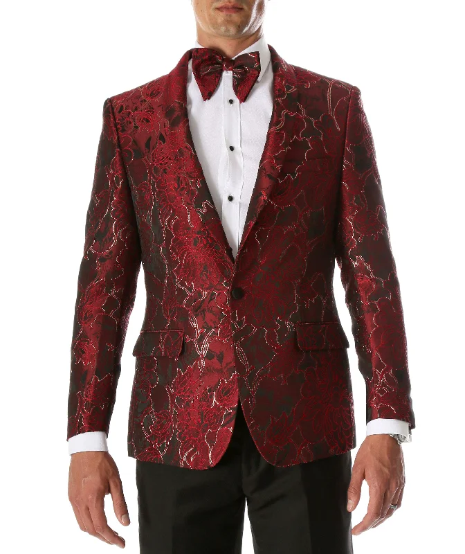 Men's Romi Red Floral Modern Fit Shawl Collar Tuxedo Blazer Laid