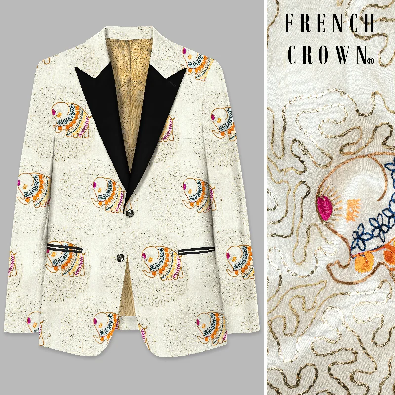 Soft Amber Cream Designer Elephant Embroidered Peak Collar Tuxedo Blazer Bohemian Men's Free