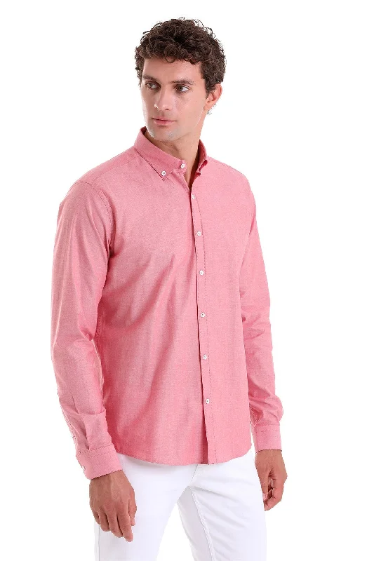 Slim Fit Long Sleeve Cotton Red Dress Shirt Classic Men's Pin