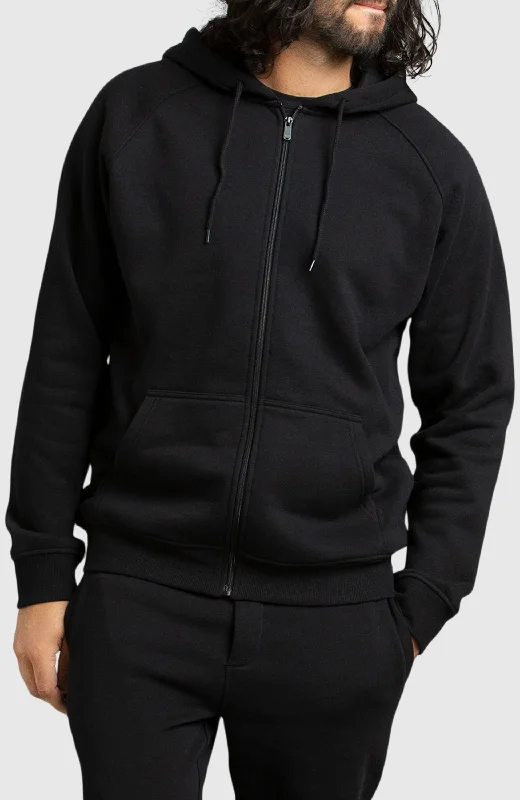 Black Front Zip Fleece Hoodie Rugged Men's Outdoor 