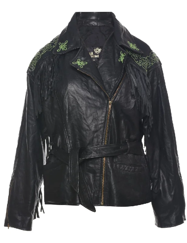 Fringed Embroidered Biker Style Leather Jacket - L Masculine Men's Thick