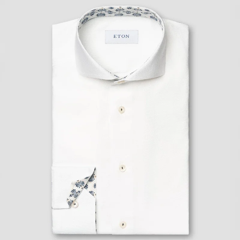 White Semi-Solid Cotton Tencel Contrast Trim Slim Fit Shirt - ETON Unique Men's Upcycled