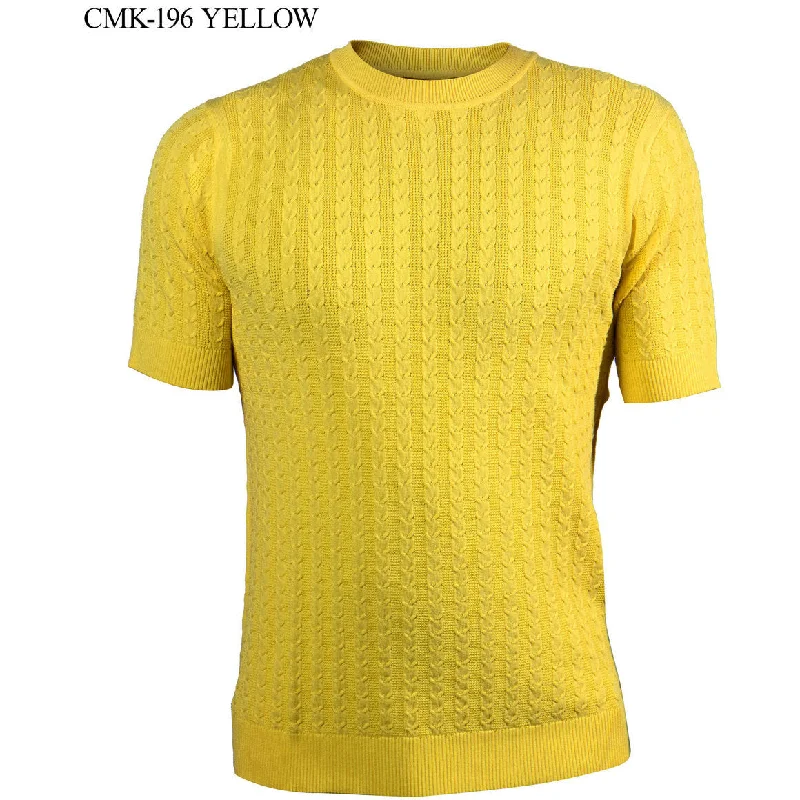 Prestige Yellow Luxury Knit Greek Print Shirt CMK-196-YELLOW Unique Men's Patch