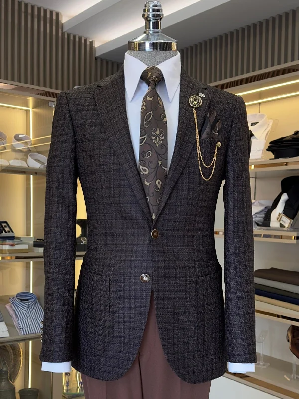 Brown Plaid Single Breasted Blazer Elegant Men's Cashmere