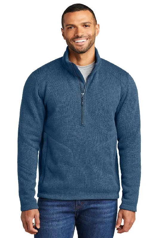 Port Authority Mens Arc Pill Resistant Sweater Fleece 1/4 Zip Jacket - Heather Insignia Blue - New Polished Men's Silk