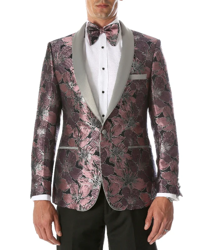 Men's Hugo Rose Floral Modern Fit Shawl Collar Tuxedo Blazer Sleek Men's Contemporary 