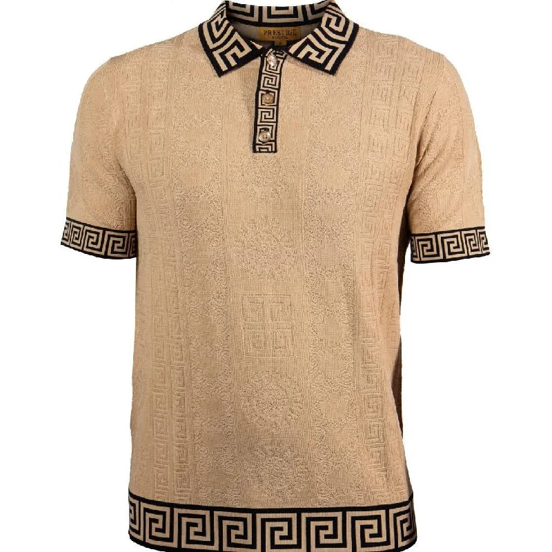 Prestige Beige Black Luxury Knit Greek Key Polo Shirt Stylish Men's Neon