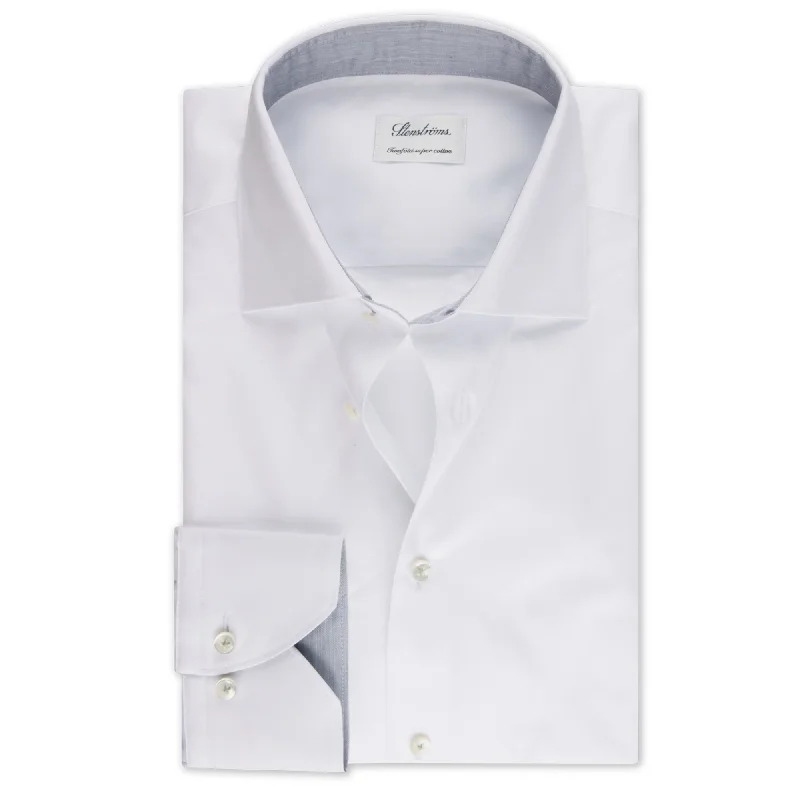 White Twill Fitted Body Shirt with Gray Contrast Details Polished Men's Silk