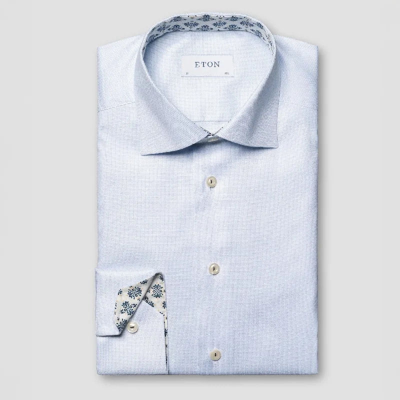 Light Blue Semi-Solid Cotton Tencel Contrast Trim Contemporary Fit Shirt - ETON Sleek Men's Metallic