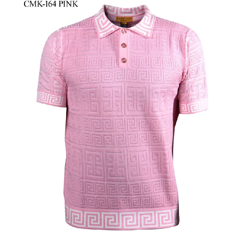 Prestige Pink White Luxury Knit Greek Polo Shirt CMK-164-PINK Earthy Men's Sustainable 