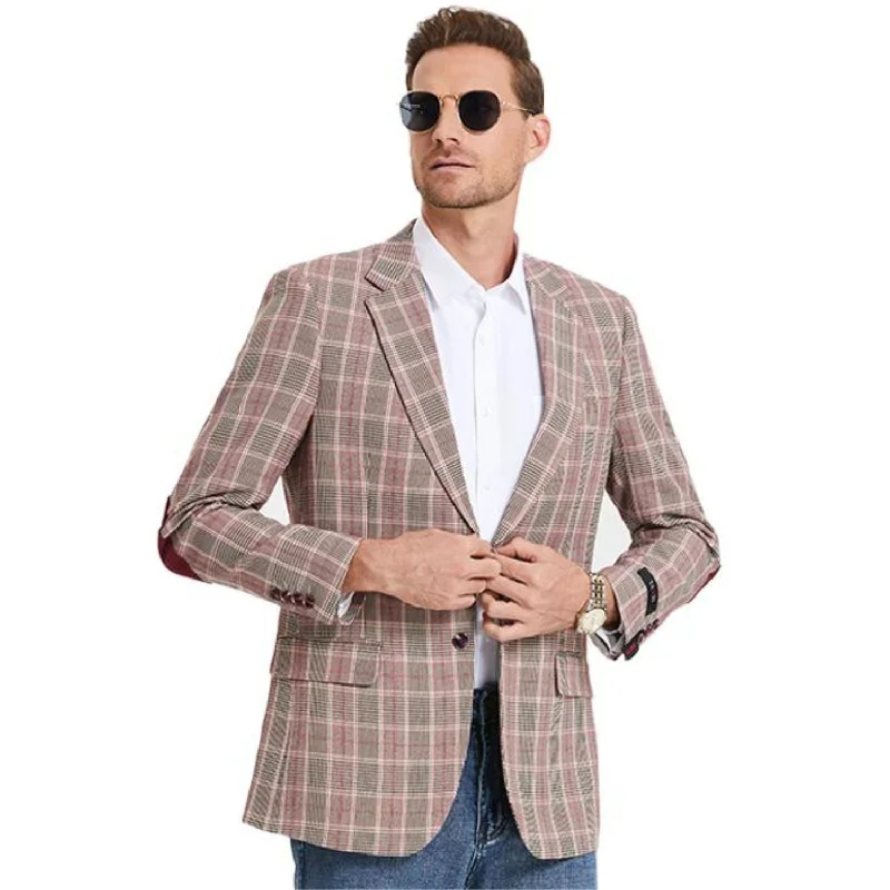 Ares Collection: Burgundy Glen Check Pattern Slim Fit Blazer Masculine Men's 