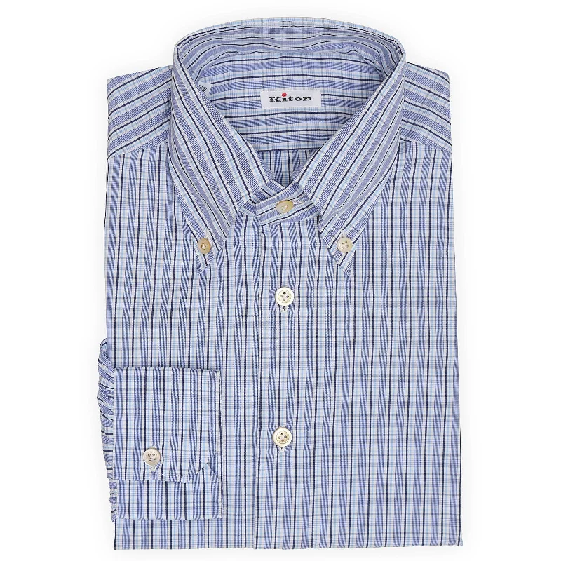 KITON Napoli Handmade Blue Plaid Cotton Dress Shirt EU 39 NEW US 15.5 Adventure