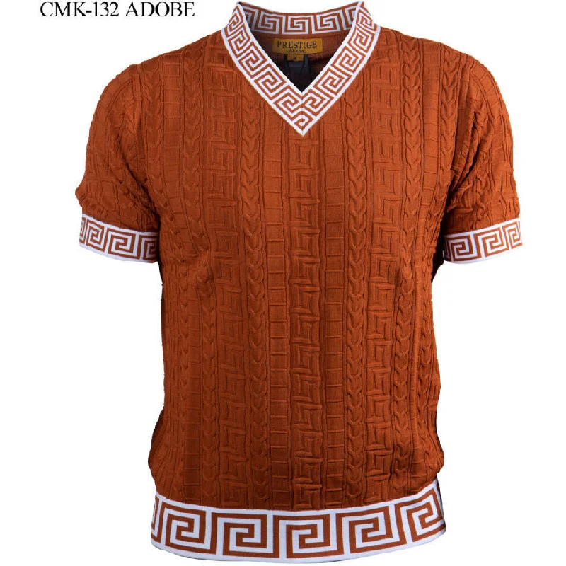 Prestige Rust White Greek Trim Luxury Knit Shirt CMK-132-ADOBE Trendy Men's Scandinavian