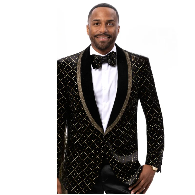 Opulent Black and Gold Velvet Blazer with Modern Fit Refined Men's European