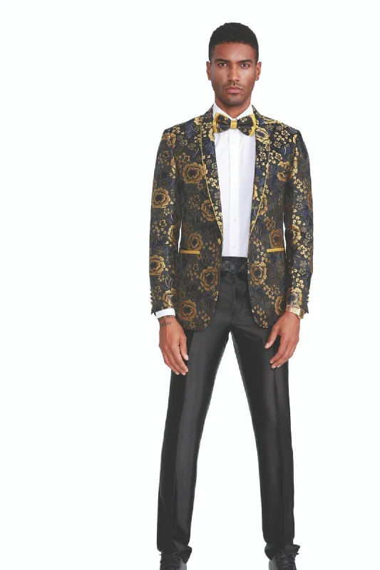 Brillante Collection: Men's Floral Pattern Blazer With Interior Pic Stitching in Gold Artistic Men's Hand