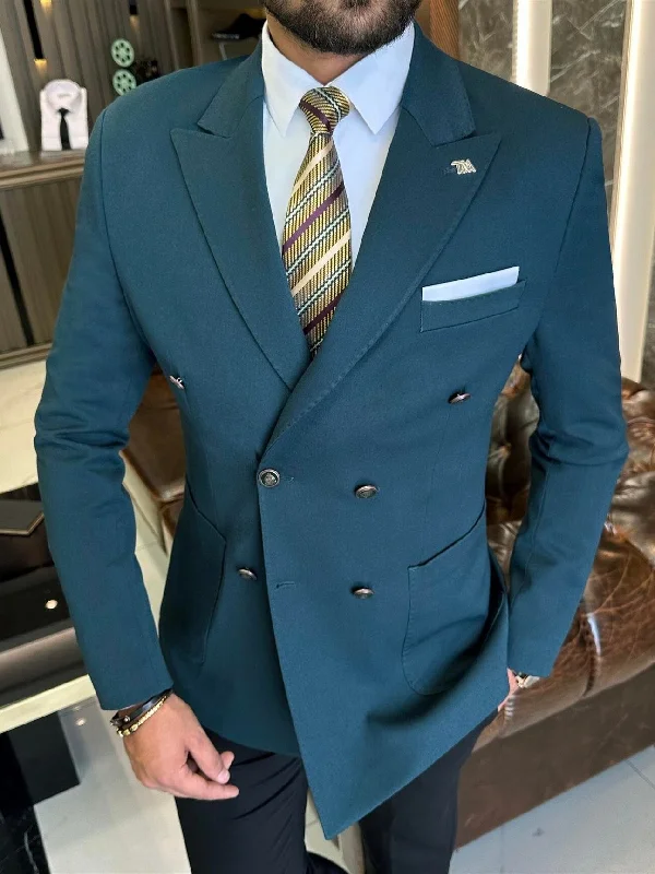 Green Double Breasted Blazer Sleek Men's Contemporary 