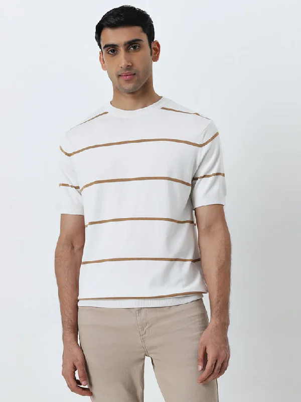 Ascot Beige Stripe Printed Relaxed-Fit Knitted T-Shirt Gym