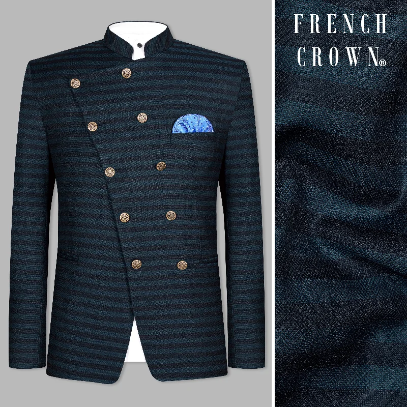 Bluish Blue And Jade Black Striped Cross Placket Bandhgala Blazer Modern Men's Tech