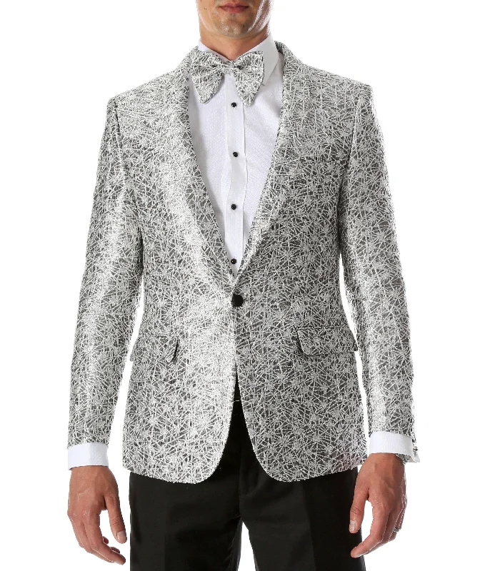 Men's Rene Abstract Silver Modern Fit Shawl Collar Tuxedo Blazer - Young Man’s Prom Wear Gym