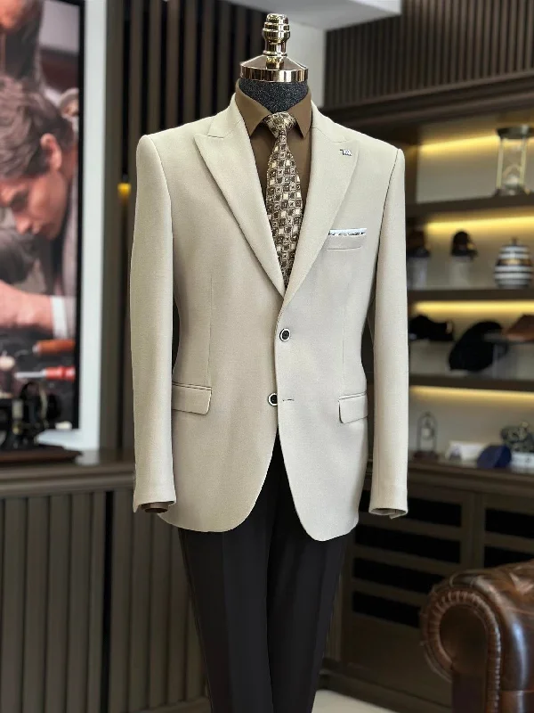 Beige Single Breasted Blazer Refined Men's Classic 