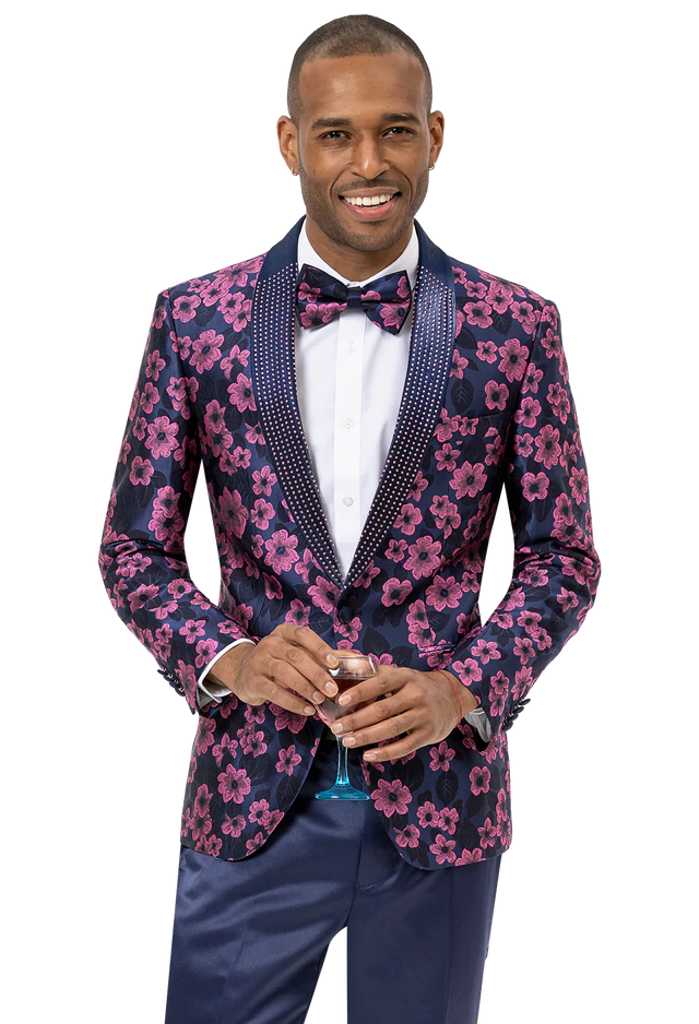 Blue & Pink Floral Print Fashion Blazer J156 Bold Men's Statement