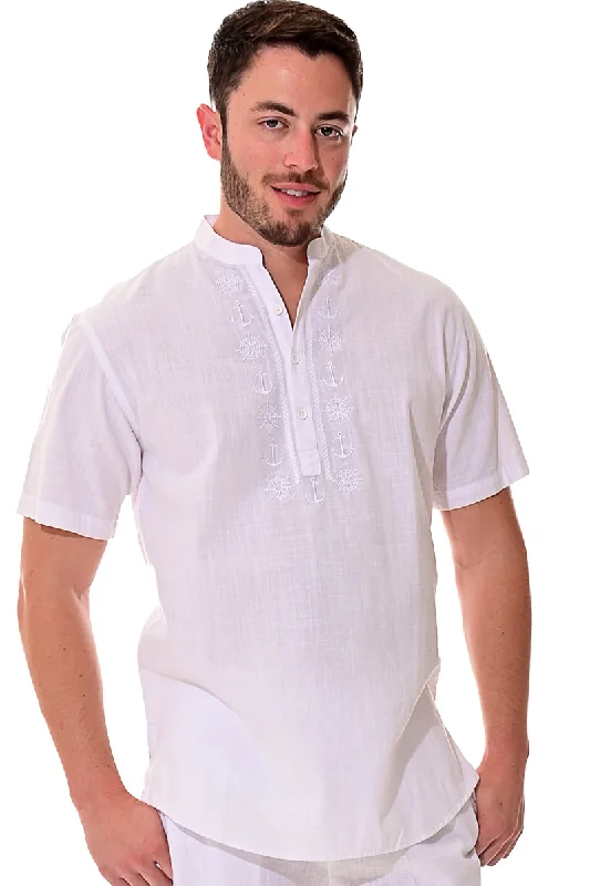 Bohio Mens White Cotton Casual Embroidered Banded Collar Short Sleeve Shirt in Natural- MCS1077 Monochromatic All