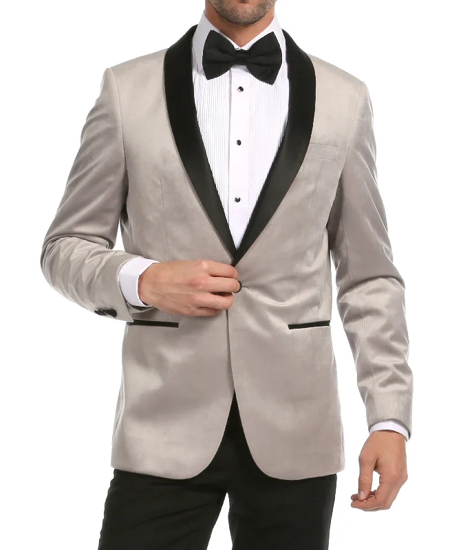 Enzo Light Grey Velvet Slim Fit Shawl Lapel Tuxedo Men's Blazer Minimalist Men's Casual 