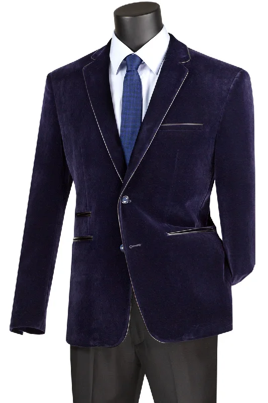 Velourfy Collection: Navy Velvet with Faux Leather Trim Single Breasted Slim Fit Blazer Monochromatic Office Style