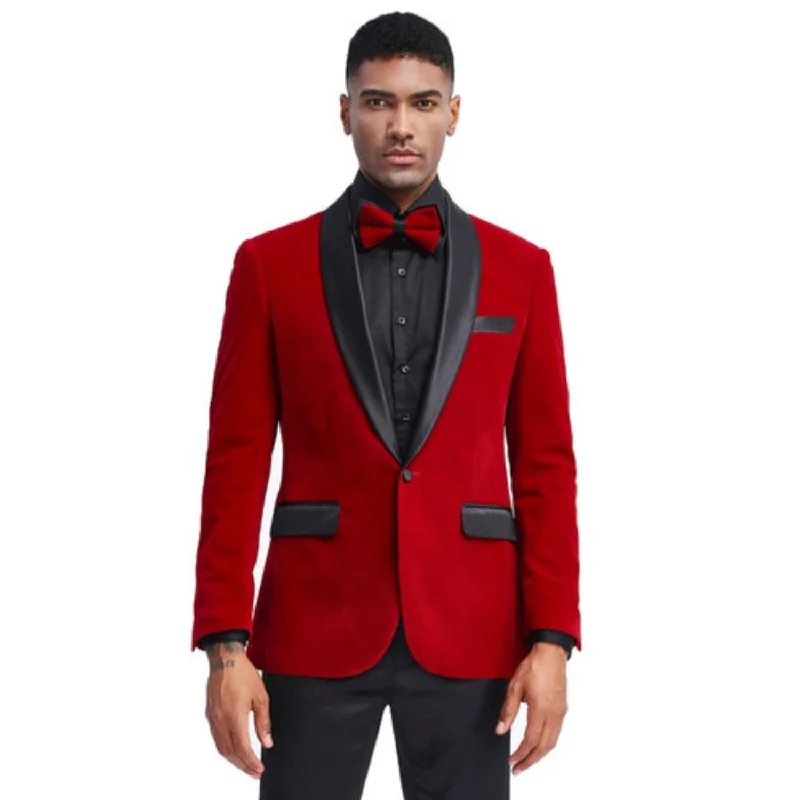 Trendy Tune Collection: Red Solid Color Single Breasted Slim Fit Blazer Athletic Men's High