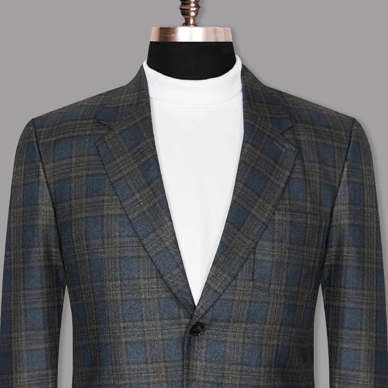 Bayoux Blue with brown Windowpane Wool Rich Blazer Bold Men's Animal