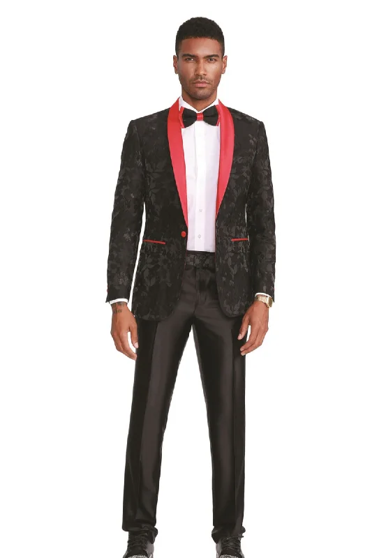 Decoroso Collection: Men's Floral Pattern Blazer With Interior Pic Stitching in Red & Black Sleek Men's Metallic