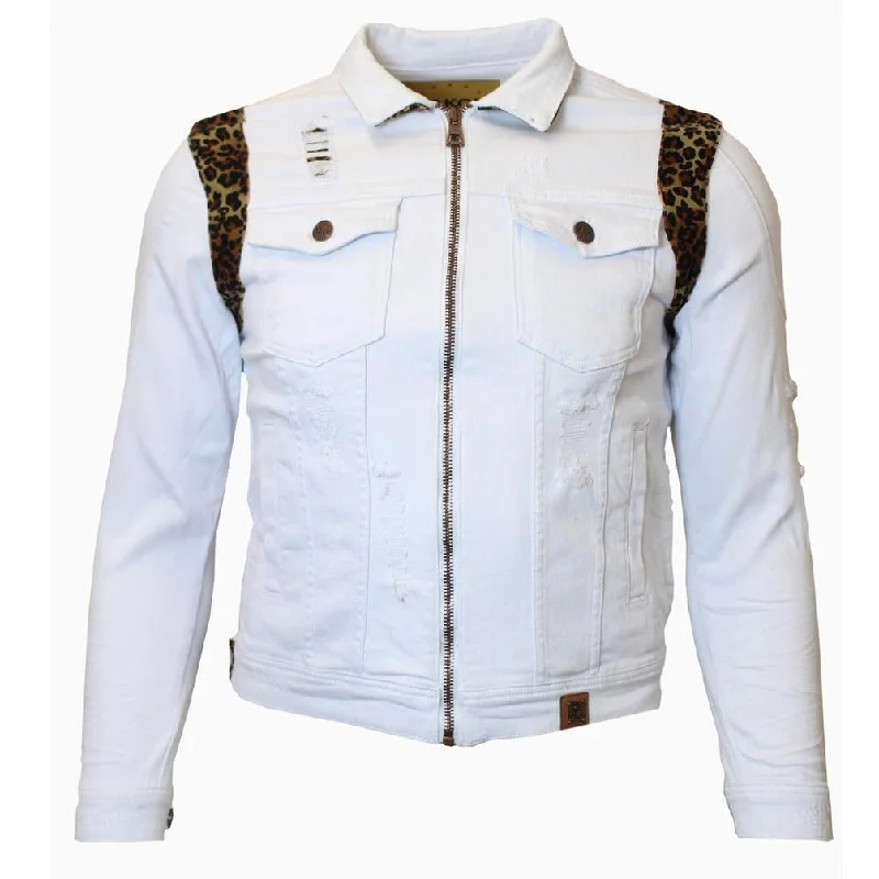 M1082 Denim Jacket with Leopard Prints - White Relaxed Men's Beach