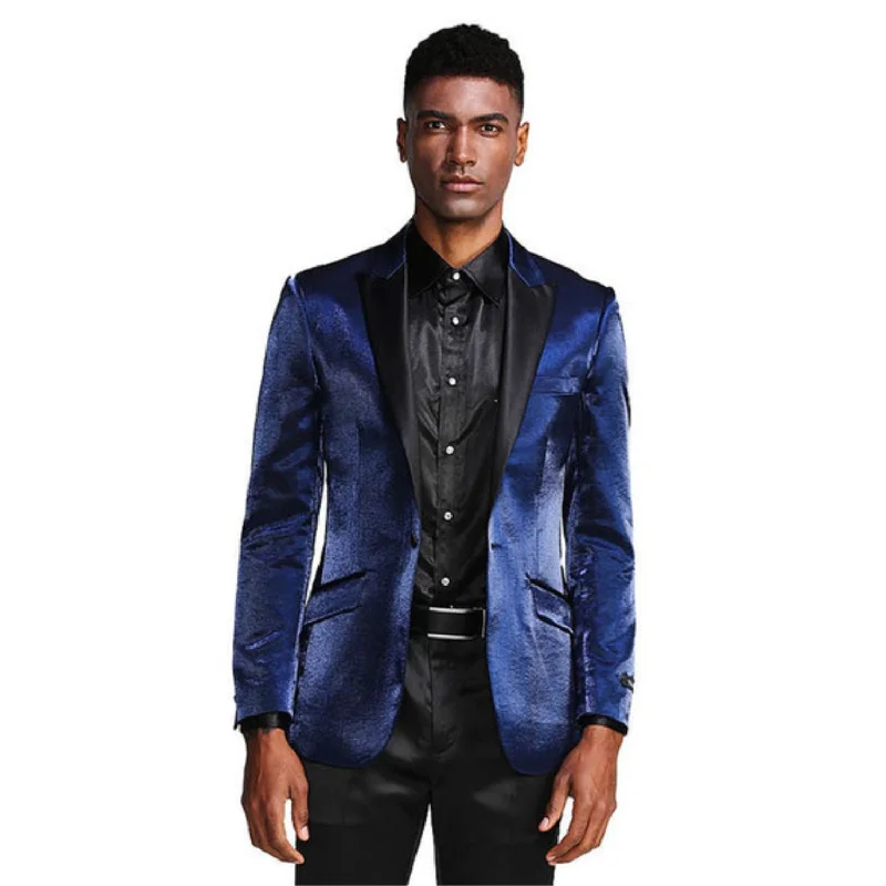 Selene Style Collection: Navy Solid Shine Single Breasted Slim Fit Blazer Preppy Men's College