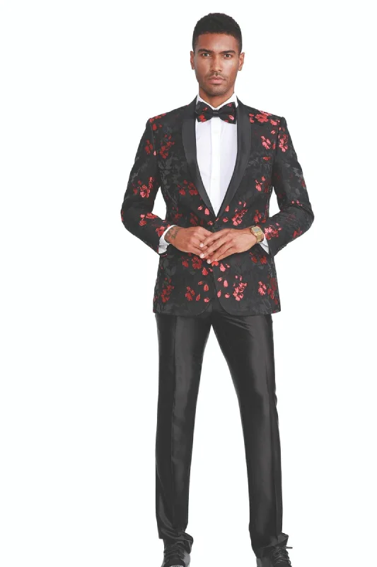 Decoroso Collection: Men's Floral Pattern Blazer With Interior Pic Stitching in Black & Red Stylish Men's Neon