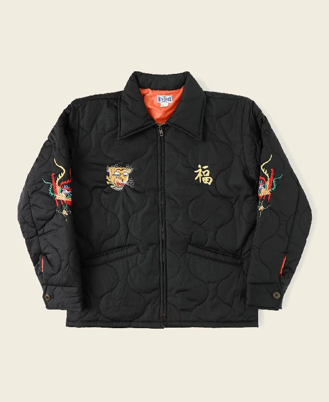 Vietnam War Quilted Padded Souvenir Jacket - Black Hip Men's Urban