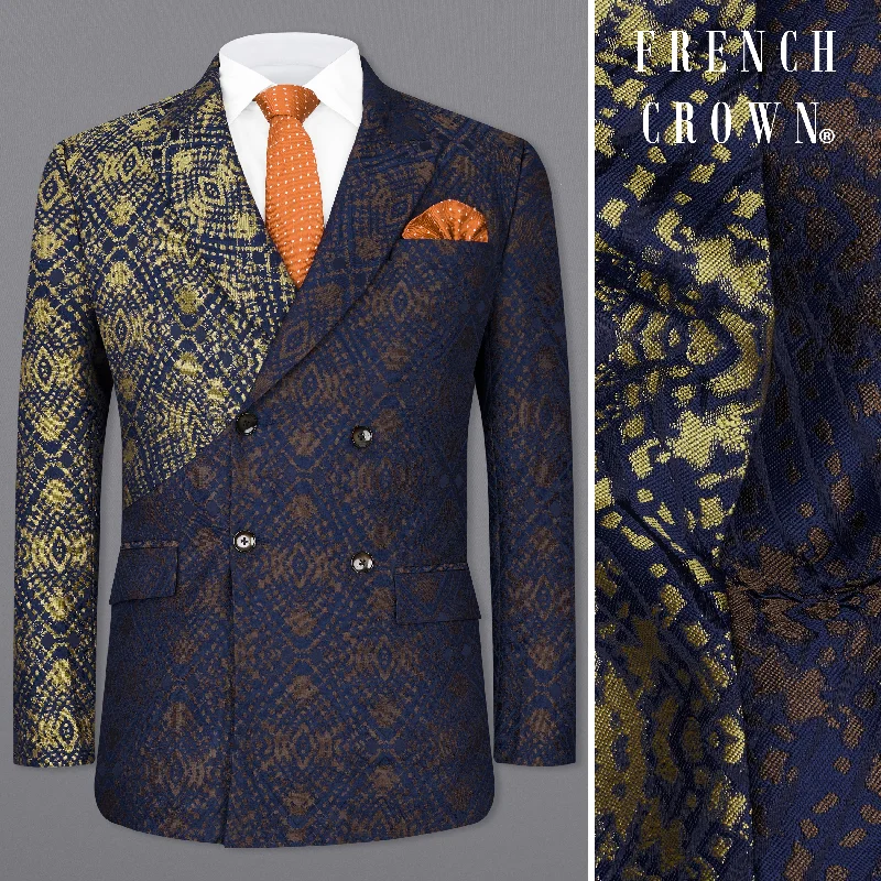 Bleached Navy Blue with Apache Gold Double Breasted Jacquard Textured Designer Blazer Cozy Men's Sherpa